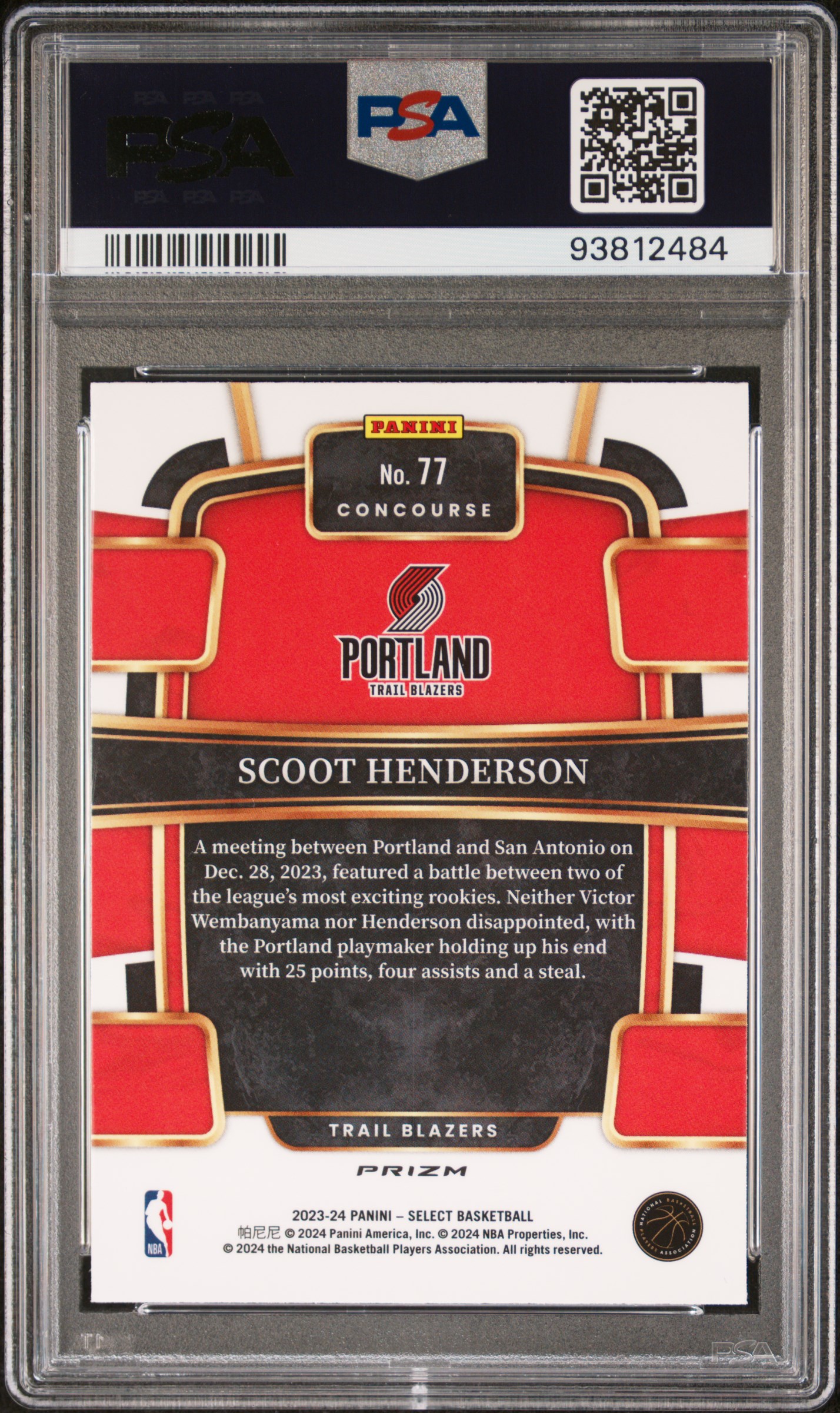 2023 Panini Select Scoot Henderson #77 (Tri-Color) Mint 9 back