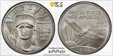 2008 $25 Statue of Liberty MS70