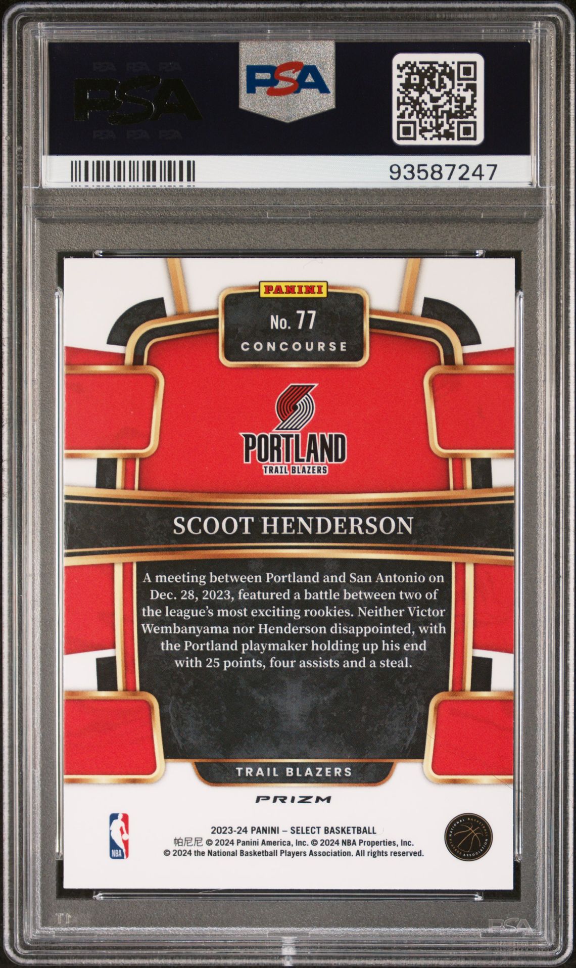 2023 Panini Select Scoot Henderson #77 (Red Cracked Ice) Gem Mt 10 back
