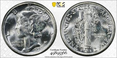 1943-S 10C Trumpet Tail MM FS-511 MS65FB