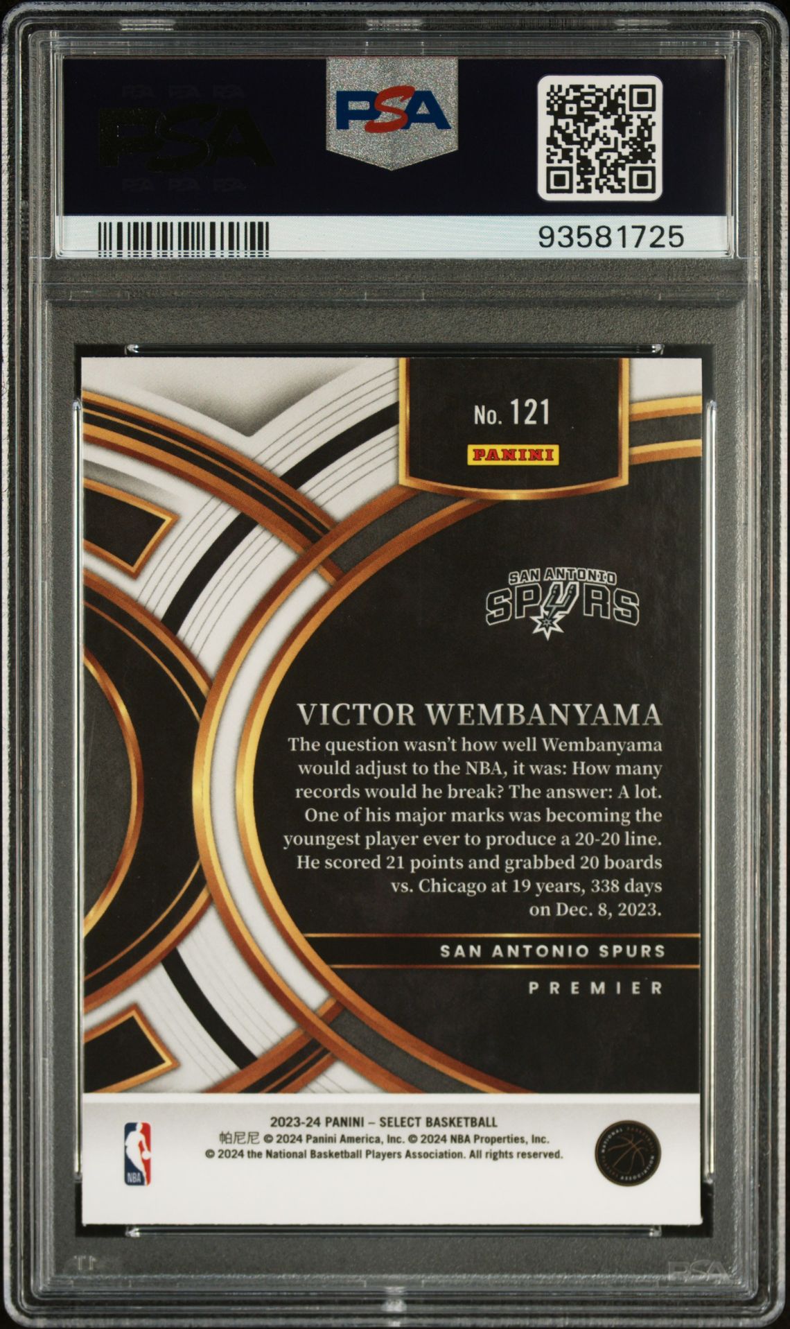 2023 Panini Select Victor Wembanyama #121 (Blue) Gem Mt 10 back