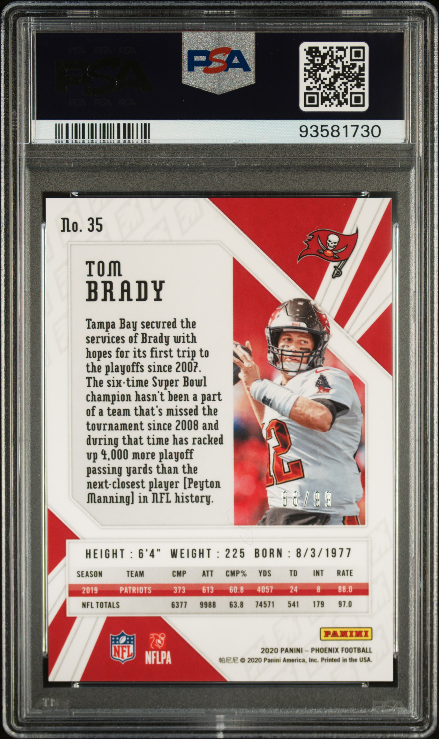 2020 Panini Phoenix Tom Brady #35 (Orange) Mint 9 back