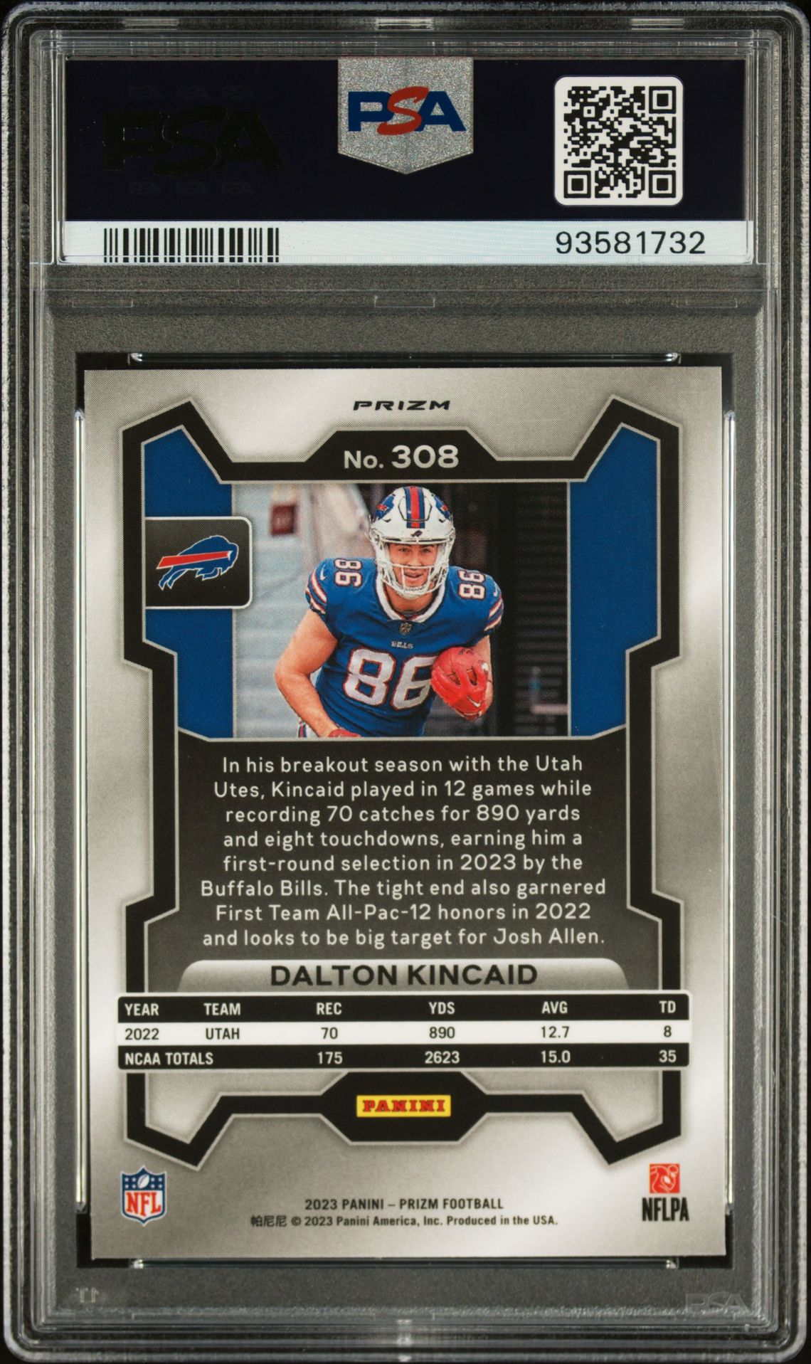 2023 Panini Prizm Dalton Kincaid #308 (Disco Prizm) Gem Mt 10 back