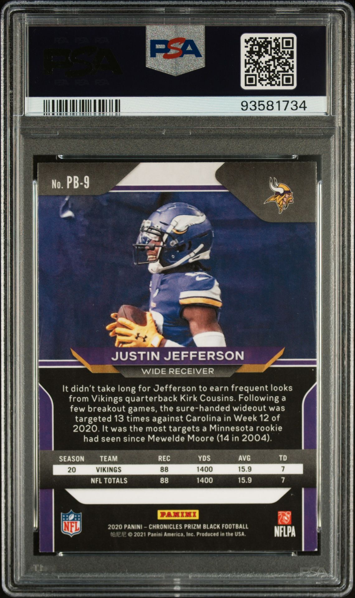 2020 Panini Chronicles Prizm Black Justin Jefferson #Pb9 (Prizm Black) Mint 9 back