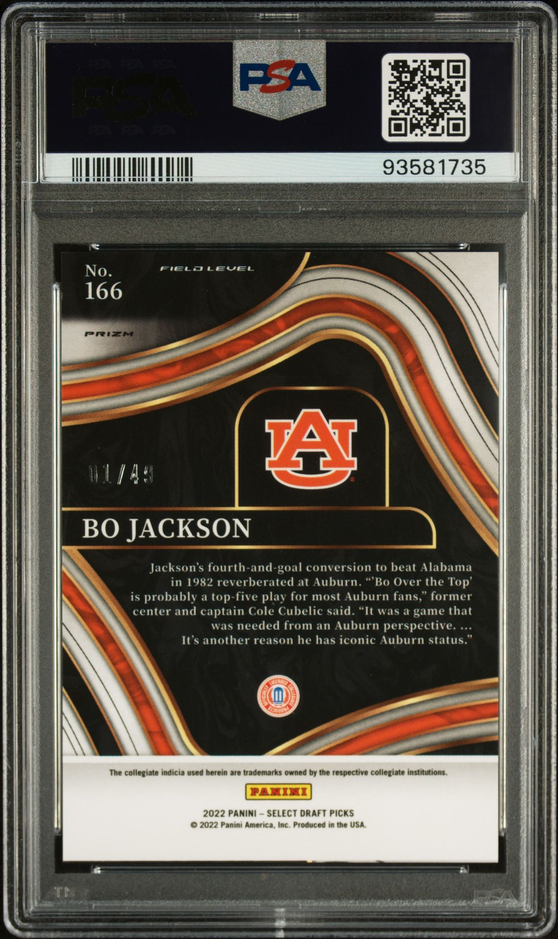 2022 Panini Select Draft Picks Bo Jackson #166 (Orange Prizm) Gem Mt 10 back