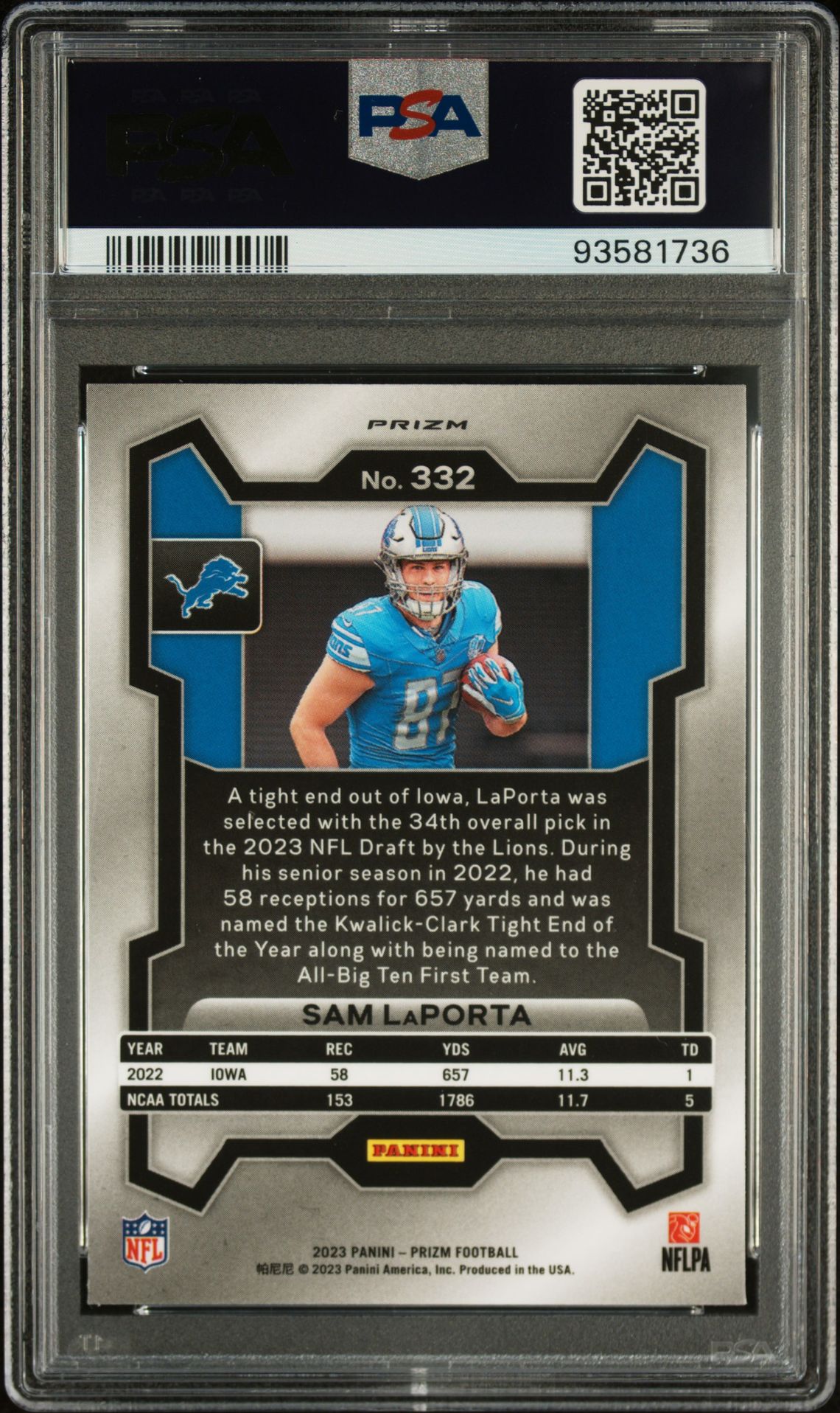 2023 Panini Prizm Sam Laporta #332 (Lazer Prizm) Gem Mt 10 back