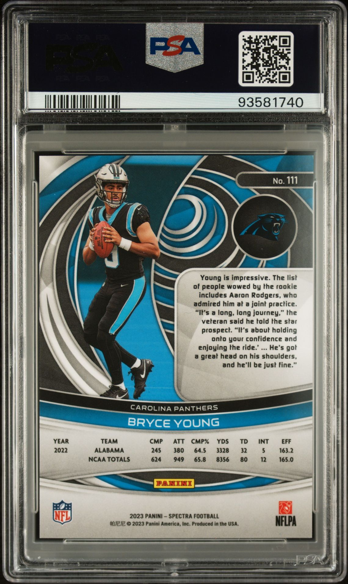 2023 Panini Spectra Bryce Young #111 Gem Mt 10 back