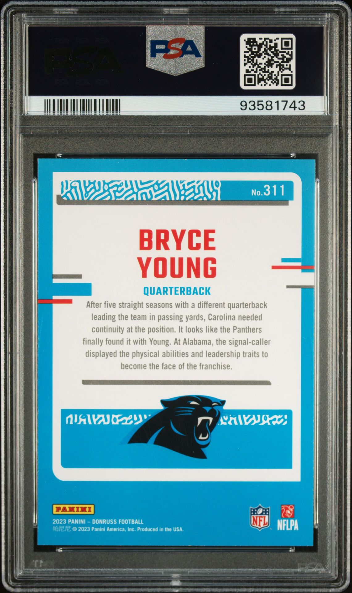 2023 Panini Donruss Bryce Young #311 (Press Proof Red) Mint 9 back