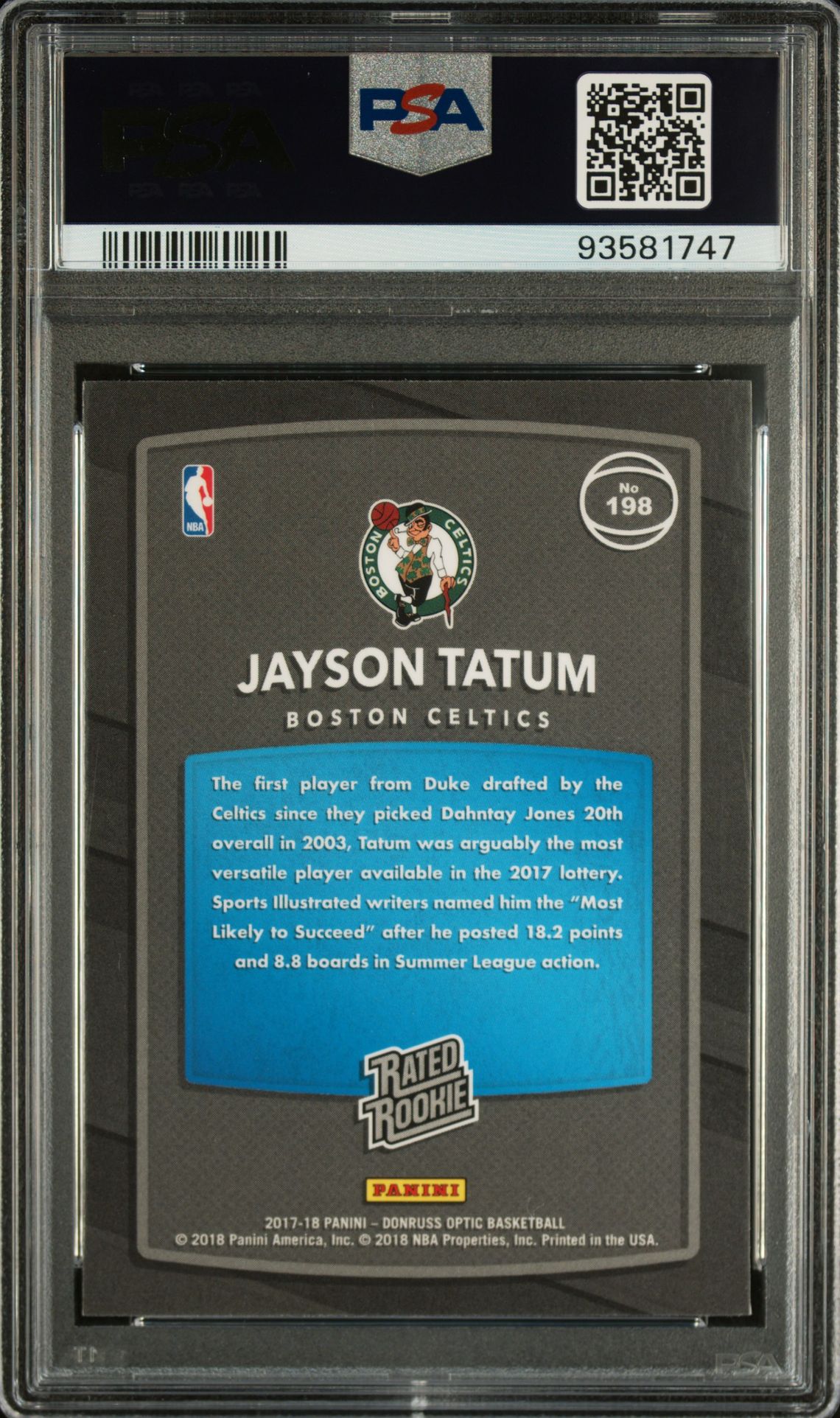 2017 Panini Donruss Optic Jayson Tatum #198 (Red/Yellow) Gem Mt 10 back
