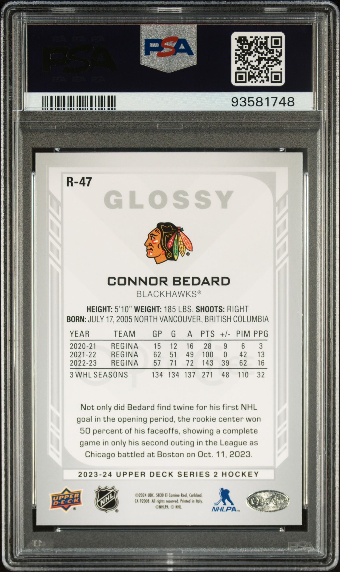 2023 Upper Deck O-Pee-Chee Glossy Connor Bedard #R47 Gem Mt 10 back