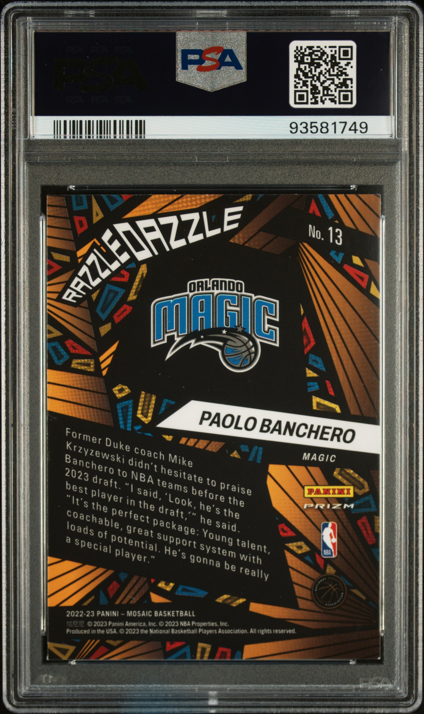 2022 Panini Mosaic Razzle Dazzle Paolo Banchero #13 Mint 9 back