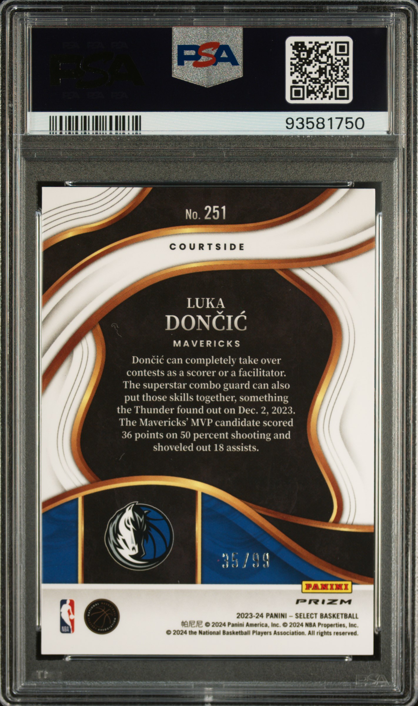 2023 Panini Select Luka Doncic #251 (Purple Cracked Ice) Gem Mt 10 back