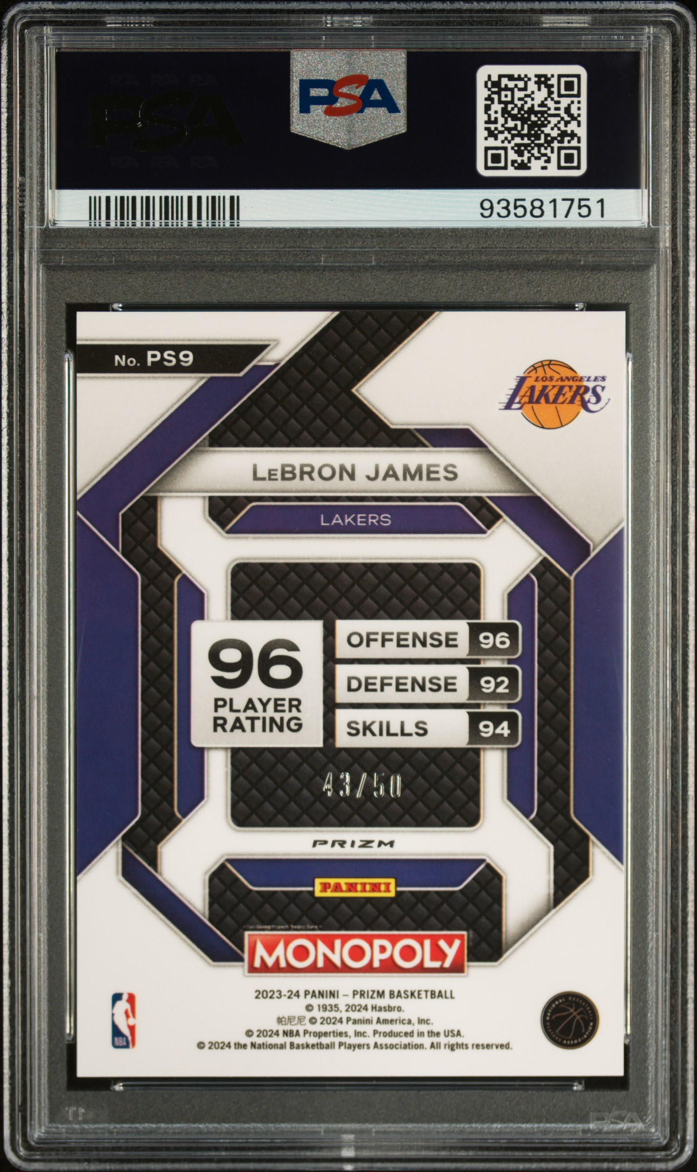2023 Panini Prizm Monopoly All-Star Lebron James #Ps9 (As-Purple Millionaire Shim) Gem Mt 10 back