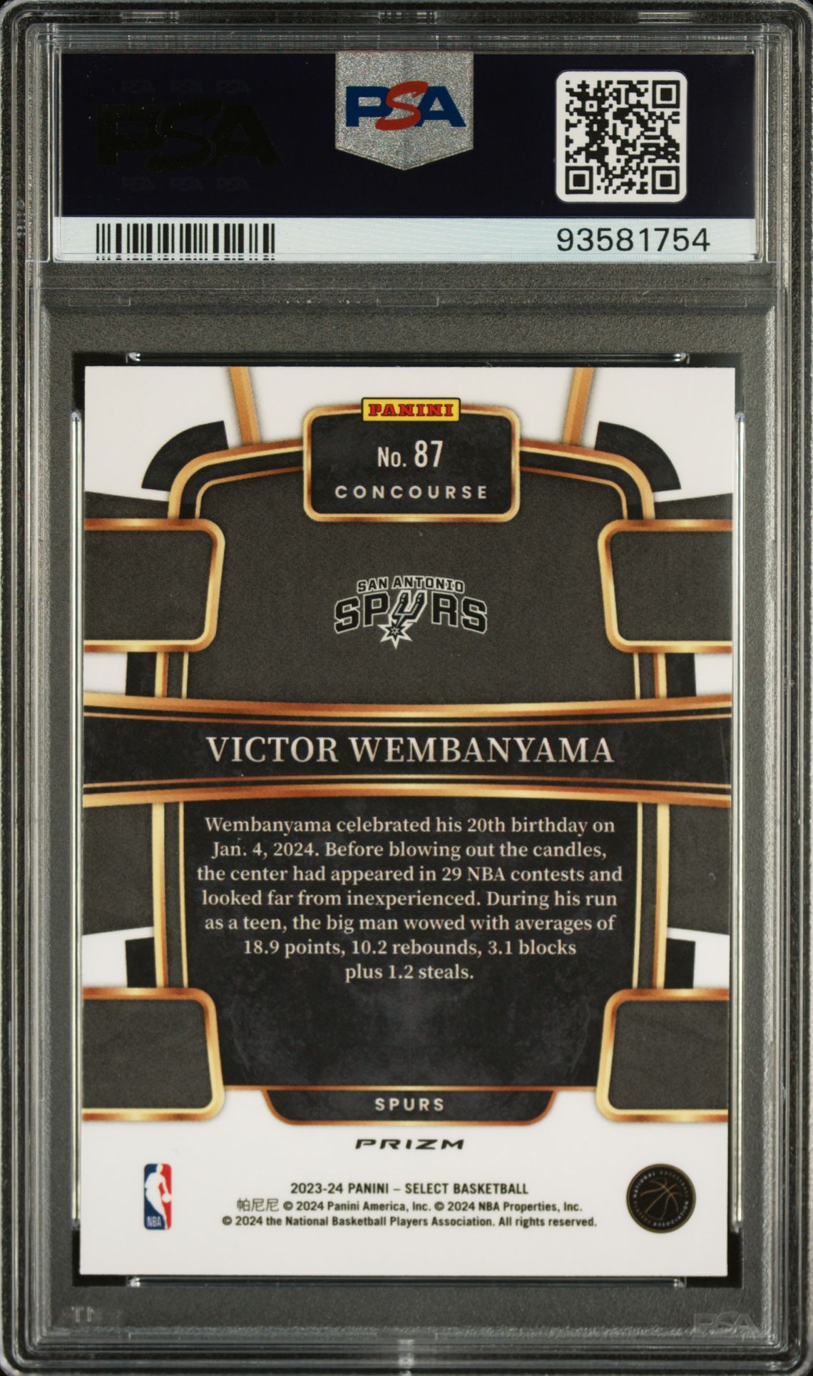 2023 Panini Select Victor Wembanyama #87 (Red Cracked Ice) Gem Mt 10 back