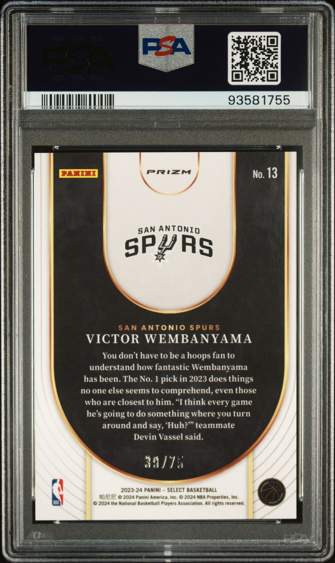 2023 Panini Select Neon Icon Victor Wembanyama #13 (Neon Icon-Purple Cracked Ice) Gem Mt 10 back