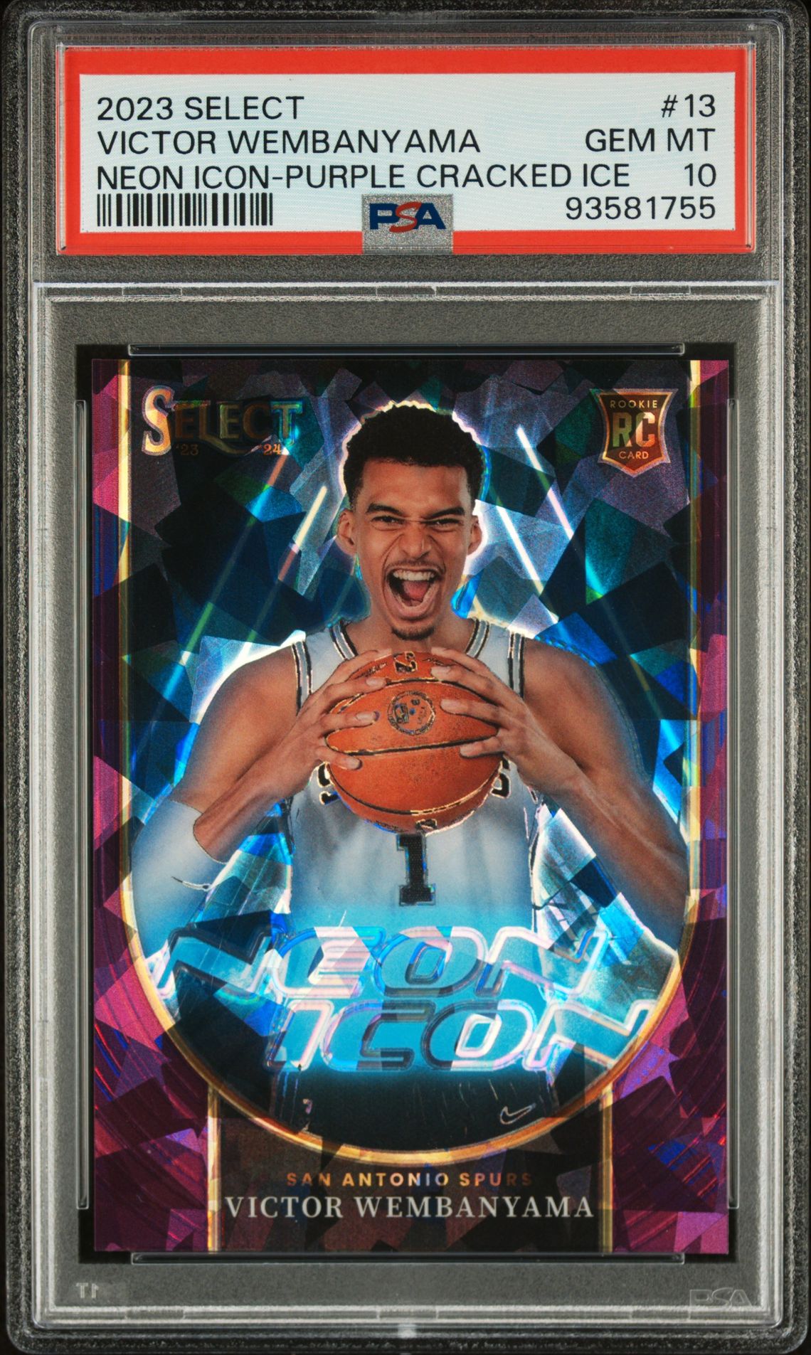 2023 Panini Select Neon Icon Victor Wembanyama #13 (Neon Icon-Purple Cracked Ice) Gem Mt 10 front