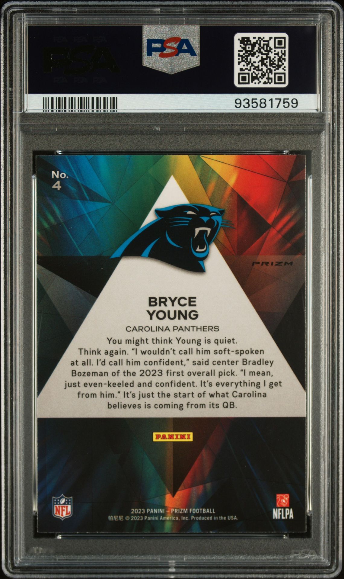 2023 Panini Prizm Prizmatic Bryce Young #4 (Prizmatic-Green Ice) Gem Mt 10 back