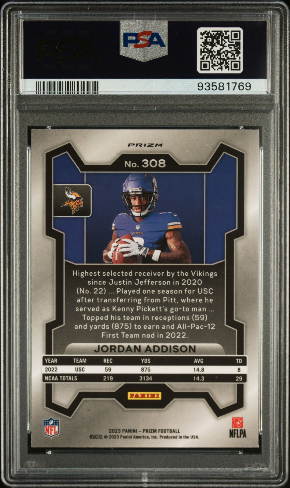 2023 Panini Prizm Jordan Addison #308 (Variation) Mint 9 back