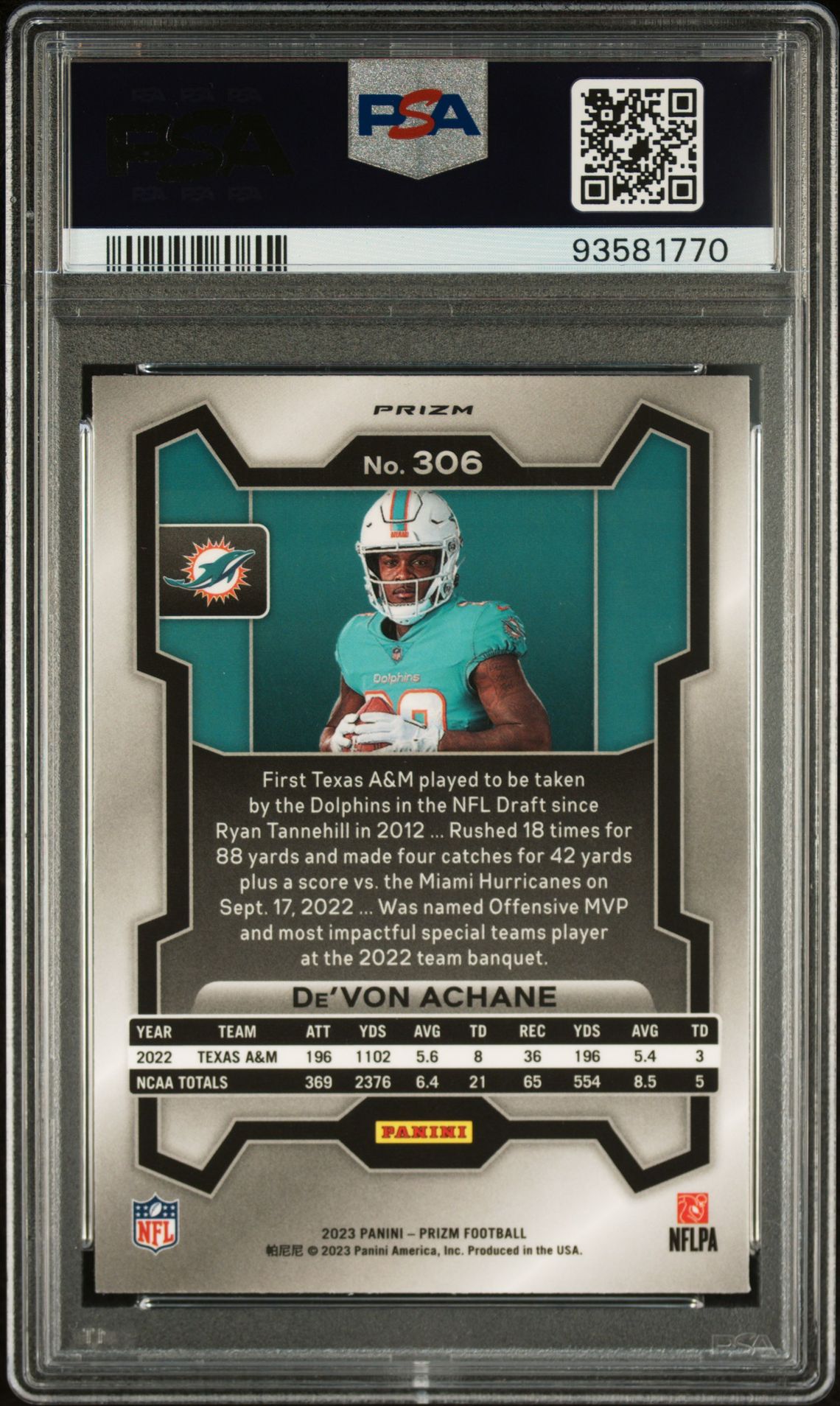 2023 Panini Prizm De'von Achane #306 (Variation) Mint 9 back