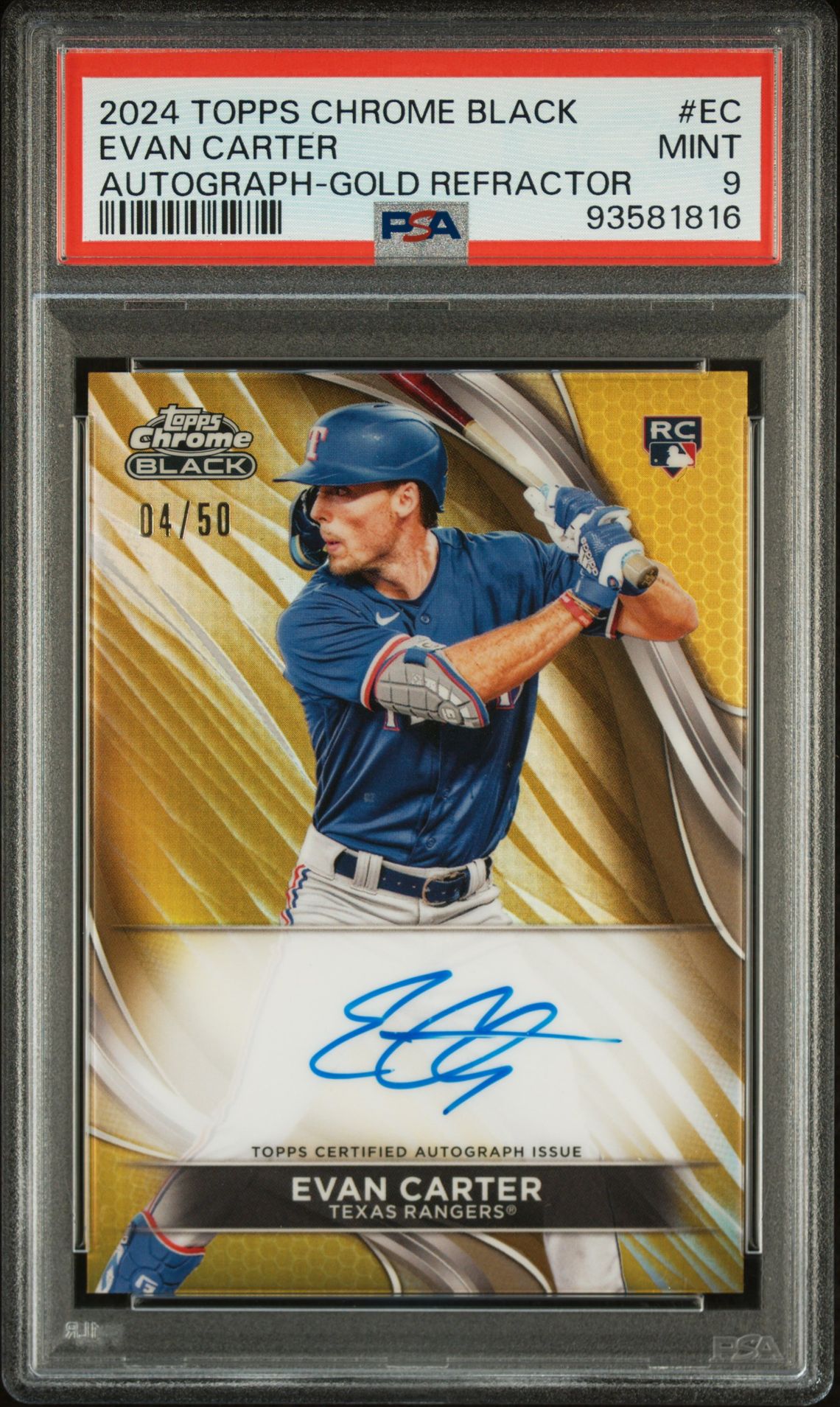 2024 Topps Chrome Black Autographs Evan Carter #Ec (Autograph-Gold Refractor) Mint 9 front