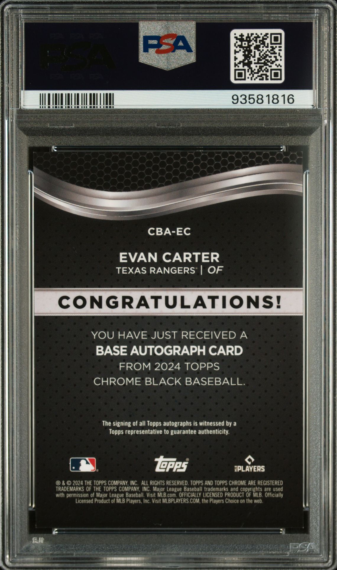 2024 Topps Chrome Black Autographs Evan Carter #Ec (Autograph-Gold Refractor) Mint 9 back