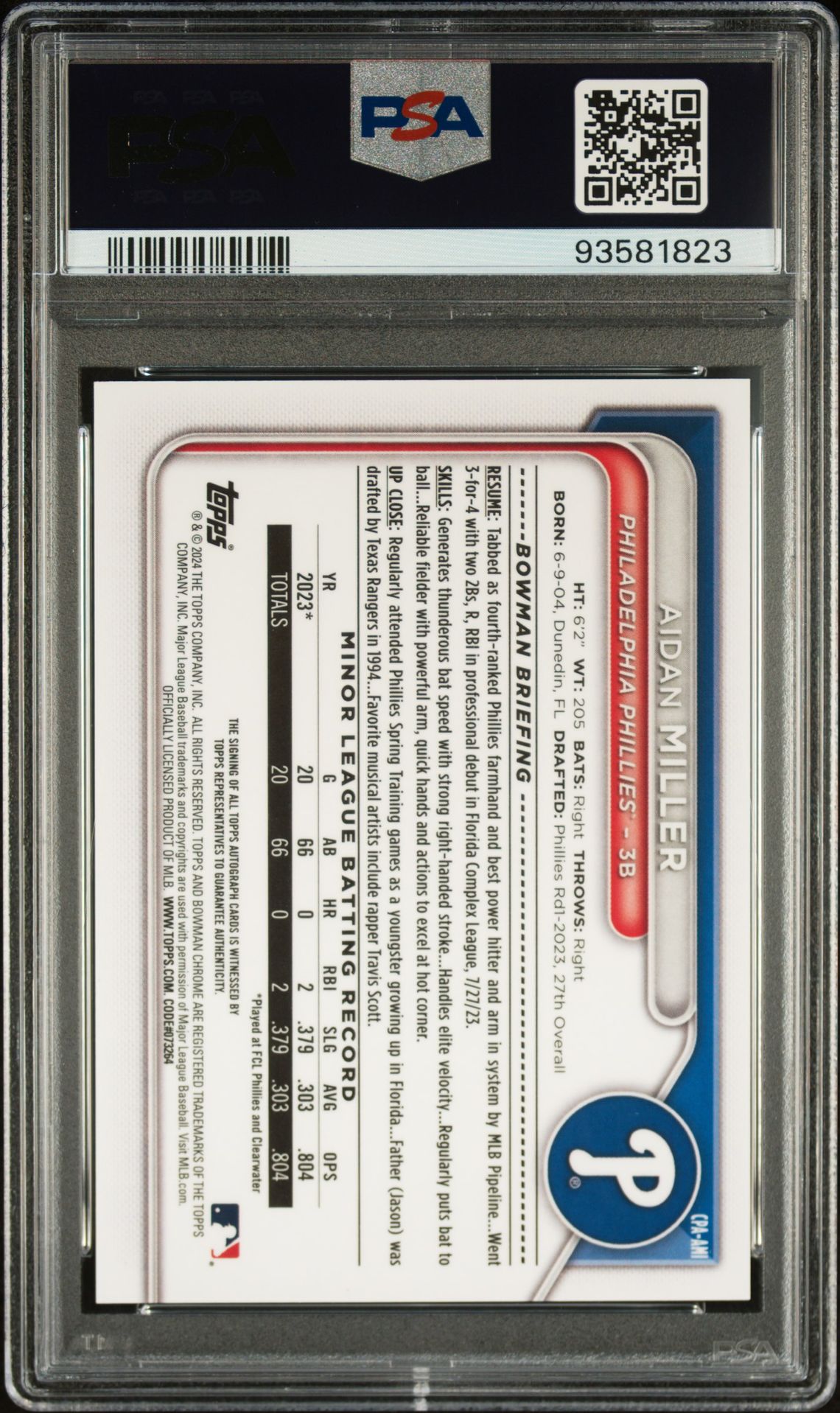 2024 Bowman Chrome Prospect Autographs Aidan Miller #Cpaami (Chr Pros Au-Hta Choice Ref) Gem Mt 10 back view - PSA certificate #93581823