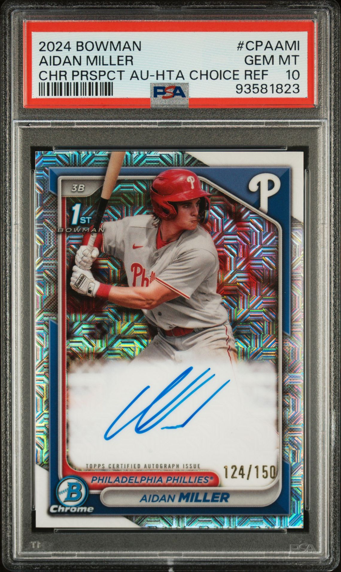 2024 Bowman Chrome Prospect Autographs Aidan Miller #Cpaami (Chr Pros Au-Hta Choice Ref) Gem Mt 10 front view - PSA graded GEM MT 10