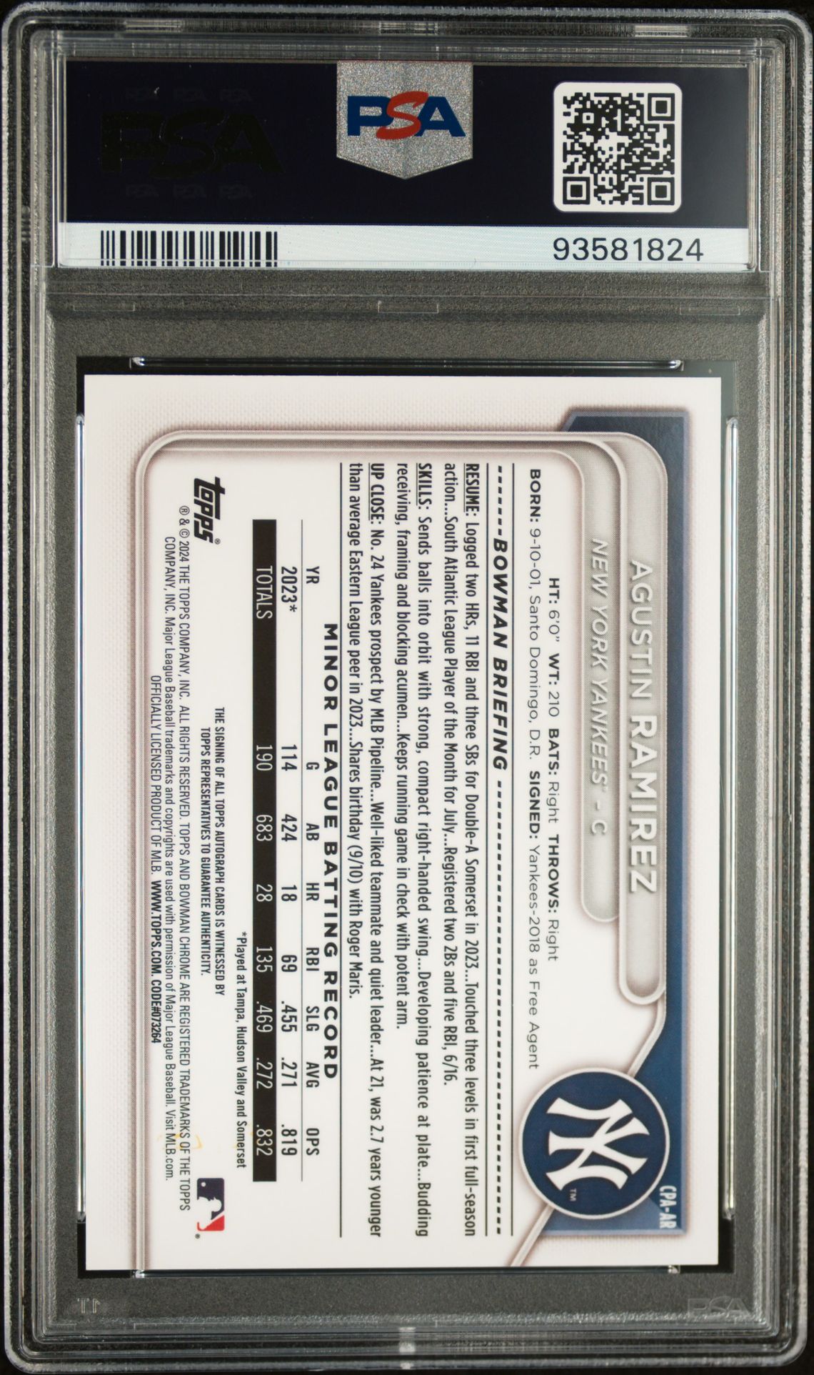 2024 Bowman Chrome Prospect Autographs Agustin Ramirez #Cpaar (Chr Prospect Au-Speckle Ref) Gem Mt 10 back