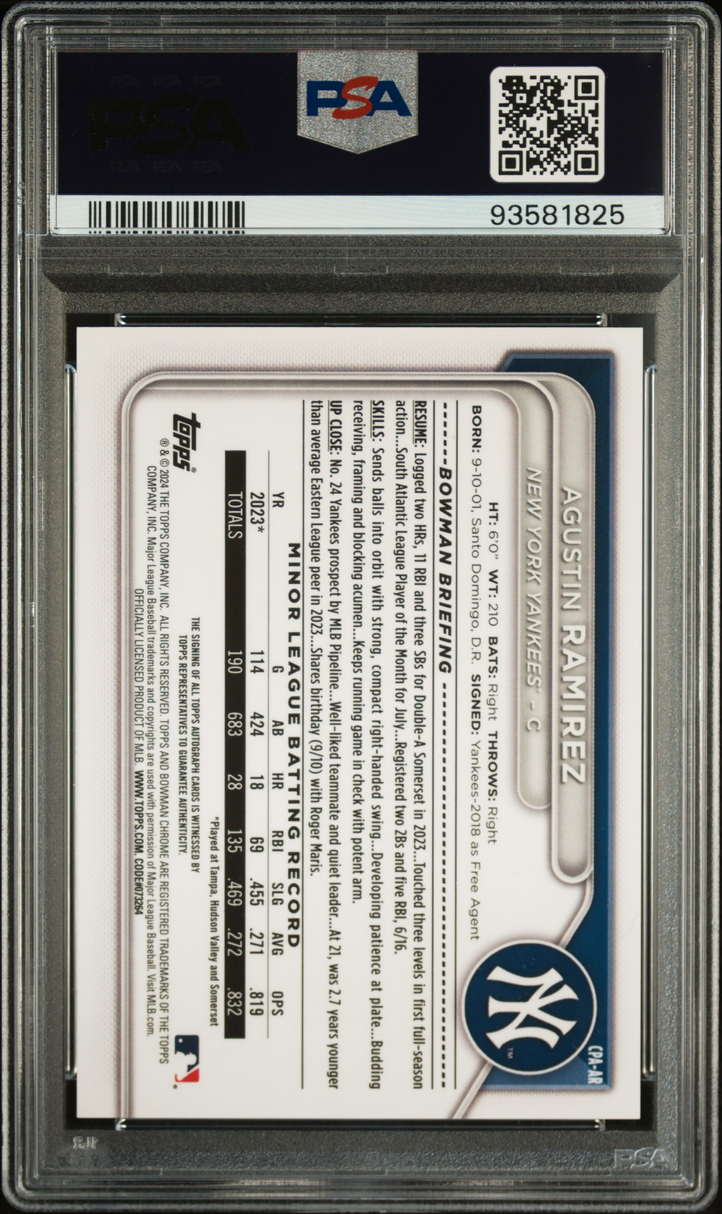 2024 Bowman Chrome Prospect Autographs Agustin Ramirez #Cpaar Gem Mt 10 back