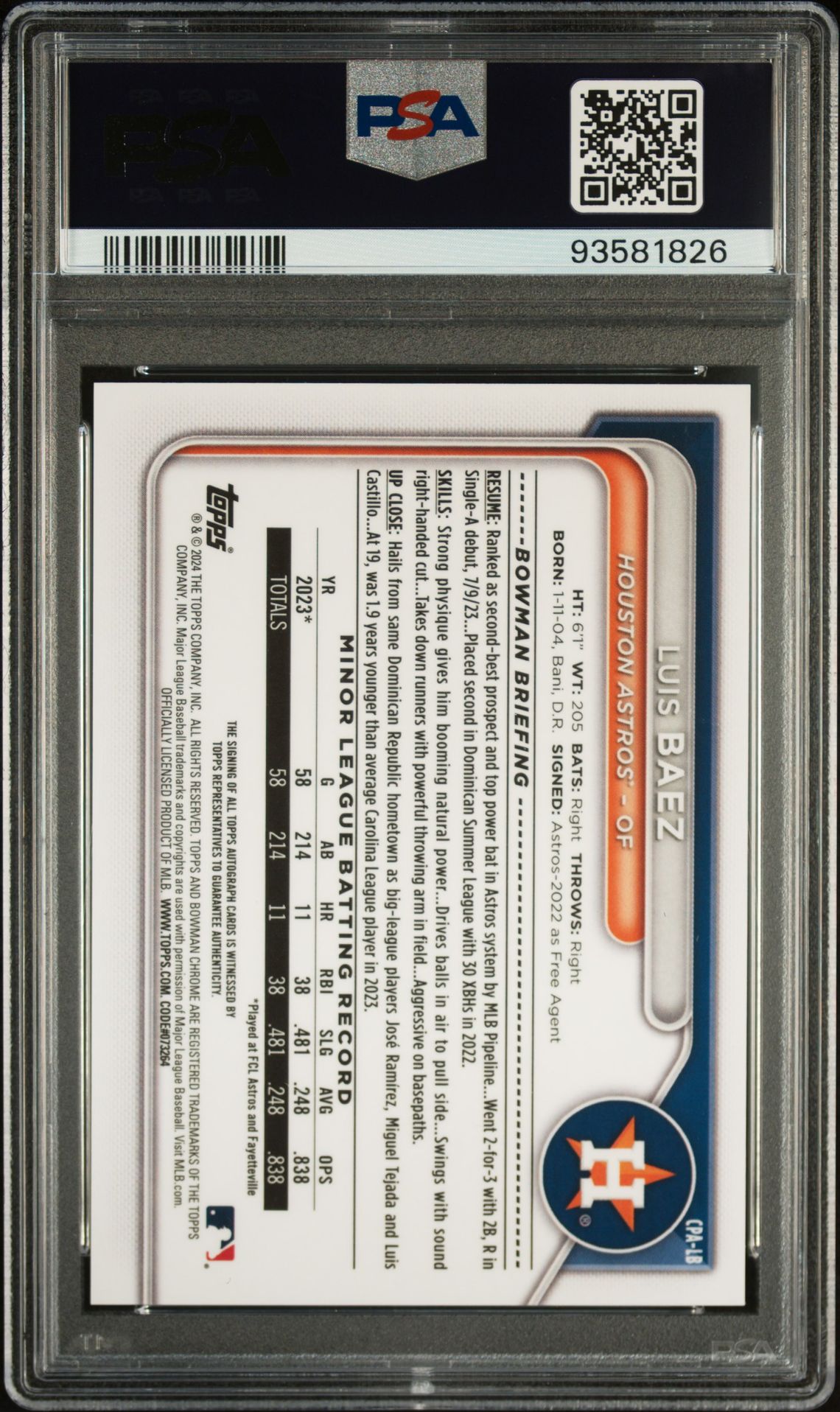 2024 Bowman Chrome Prospect Autographs Luis Baez #Cpalb (Chr Prspct Au-Hta Choice Ref) Gem Mt 10 back