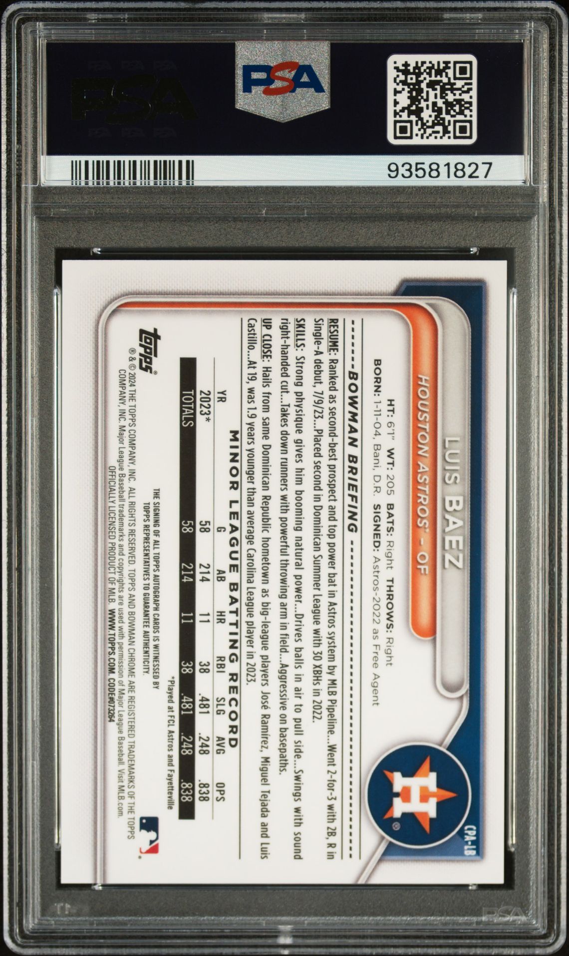 2024 Bowman Chrome Prospect Autographs Luis Baez #Cpalb (Chr Prspct Au-Hta Choice Ref) Gem Mt 10 back