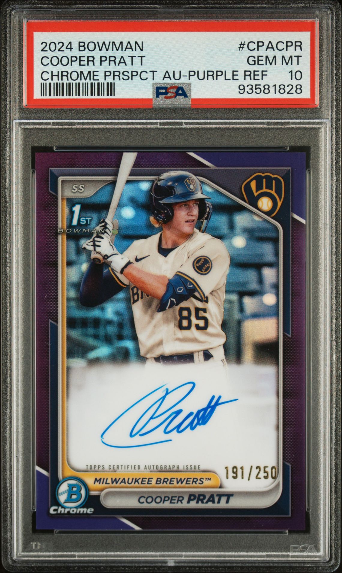 2024 Bowman Chrome Prospect Autographs Cooper Pratt #Cpacpr (Chrome Prspct Au-Purple Ref) Gem Mt 10 front
