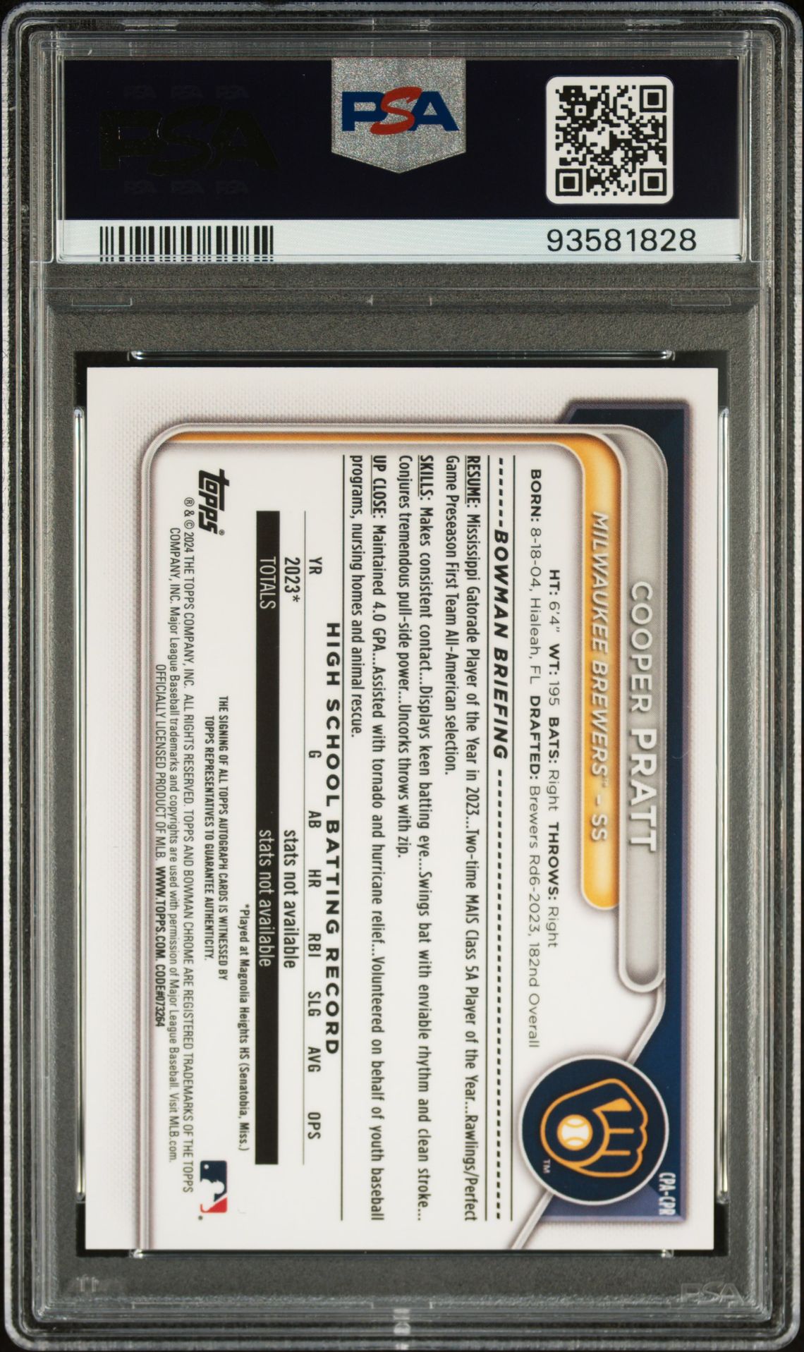 2024 Bowman Chrome Prospect Autographs Cooper Pratt #Cpacpr (Chrome Prspct Au-Purple Ref) Gem Mt 10 back