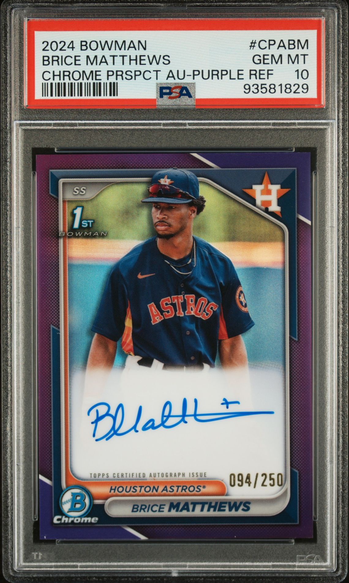 2024 BOWMAN CHROME PROSPECT AUTOGRAPHS BRICE MATTHEWS CHROME PRSPCT AU-PURPLE REF CPABM GEM MT 10 front