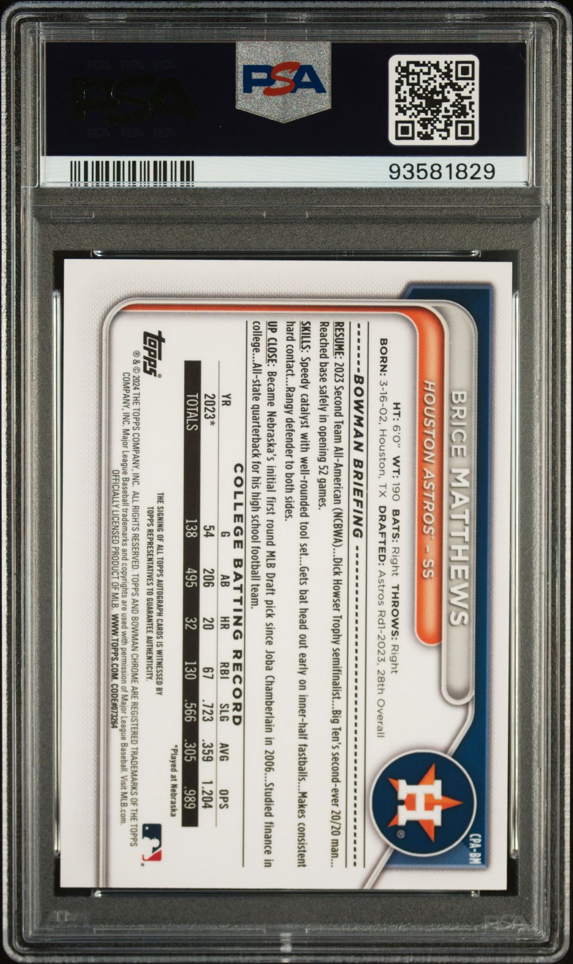 2024 BOWMAN CHROME PROSPECT AUTOGRAPHS BRICE MATTHEWS CHROME PRSPCT AU-PURPLE REF CPABM GEM MT 10 back