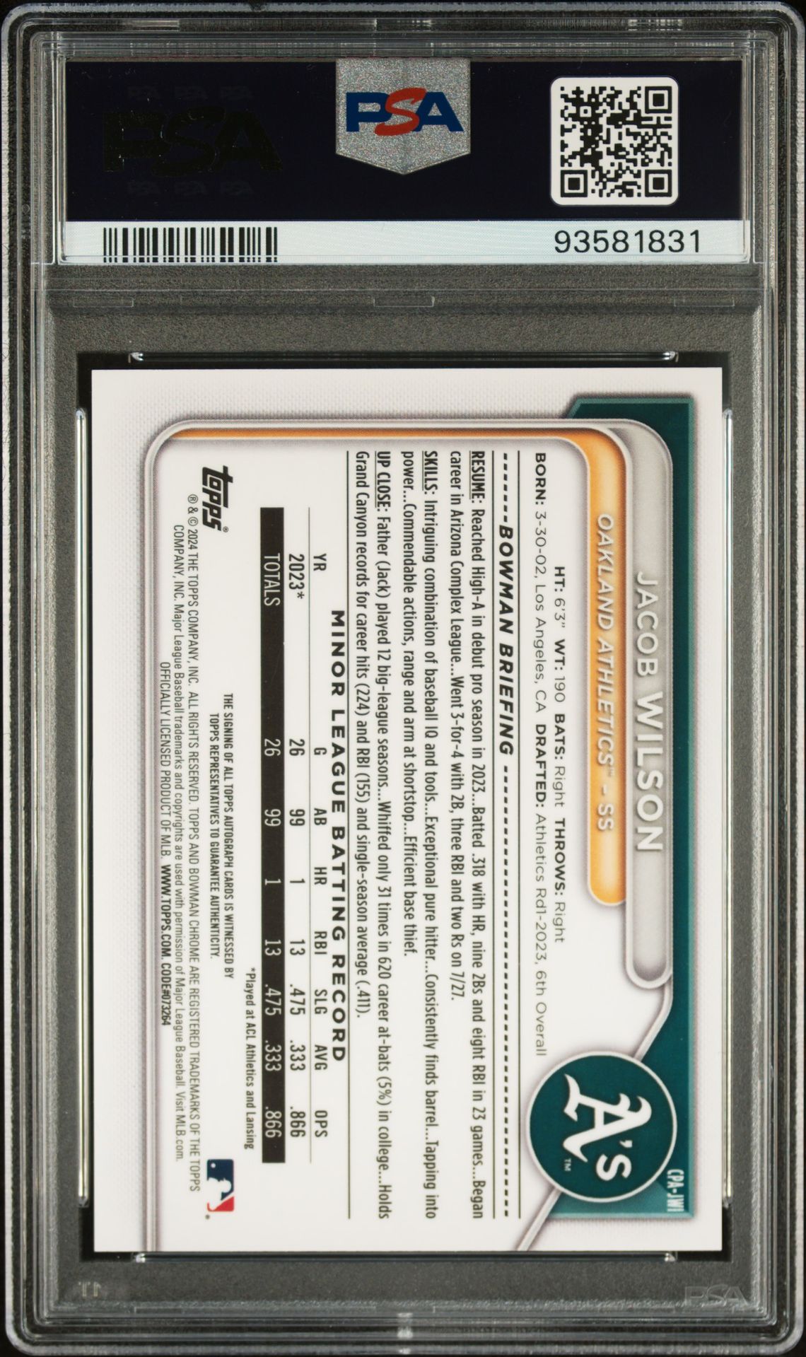 2024 Bowman Chrome Prospect Autographs Jacob Wilson #Cpajwi (Chr Prospect Au-Org Shim) Gem Mt 10 back