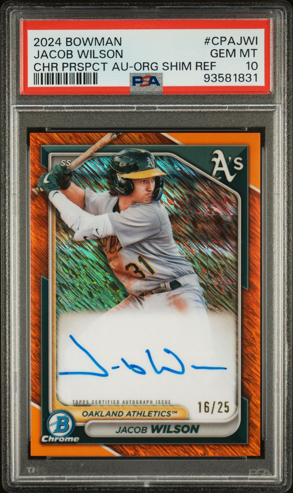 2024 Bowman Chrome Prospect Autographs Jacob Wilson #Cpajwi (Chr Prospect Au-Org Shim) Gem Mt 10 front