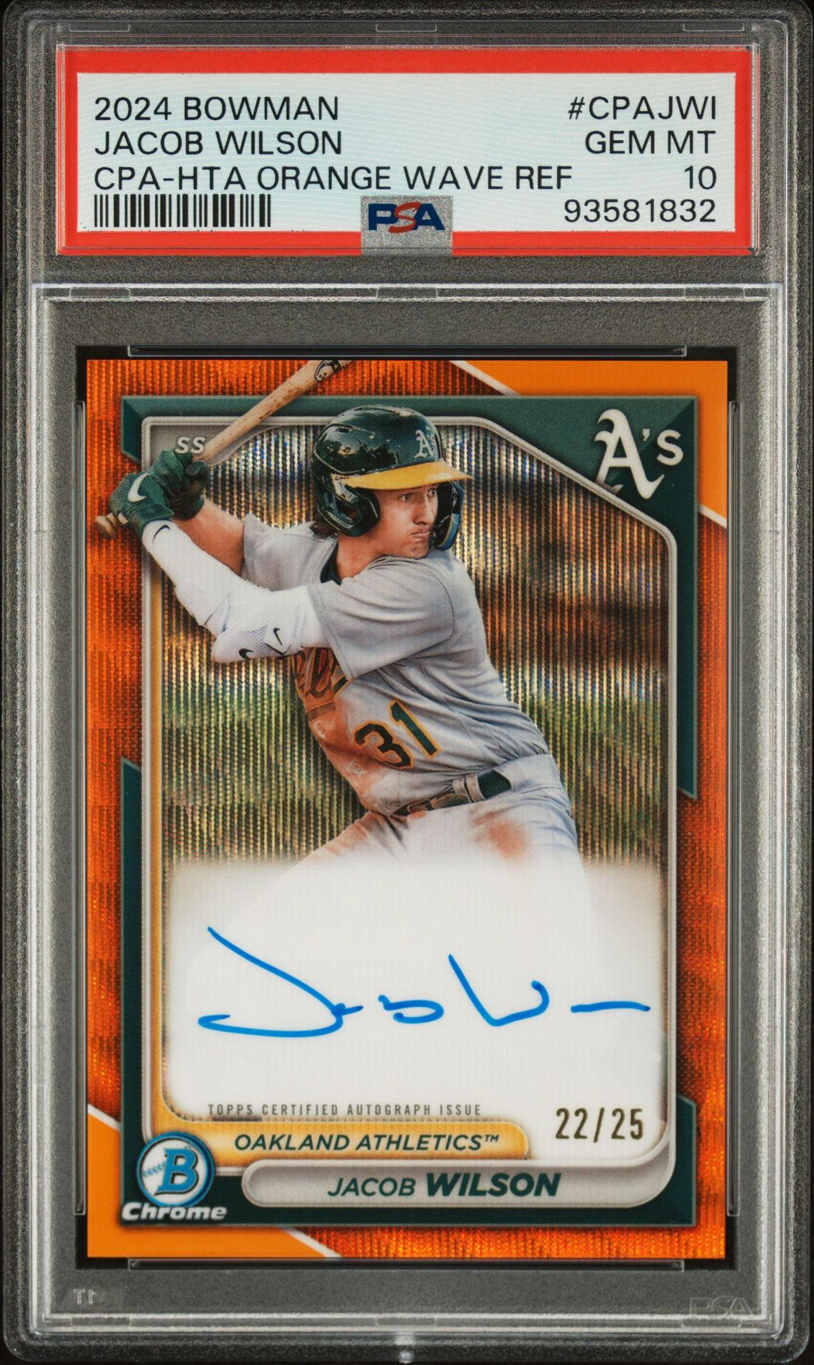 2024 Bowman Chrome Prospect Autographs Jacob Wilson #Cpajwi (Chr Prspct Au-Hta Org Wave) Gem Mt 10 front view - PSA graded GEM MT 10