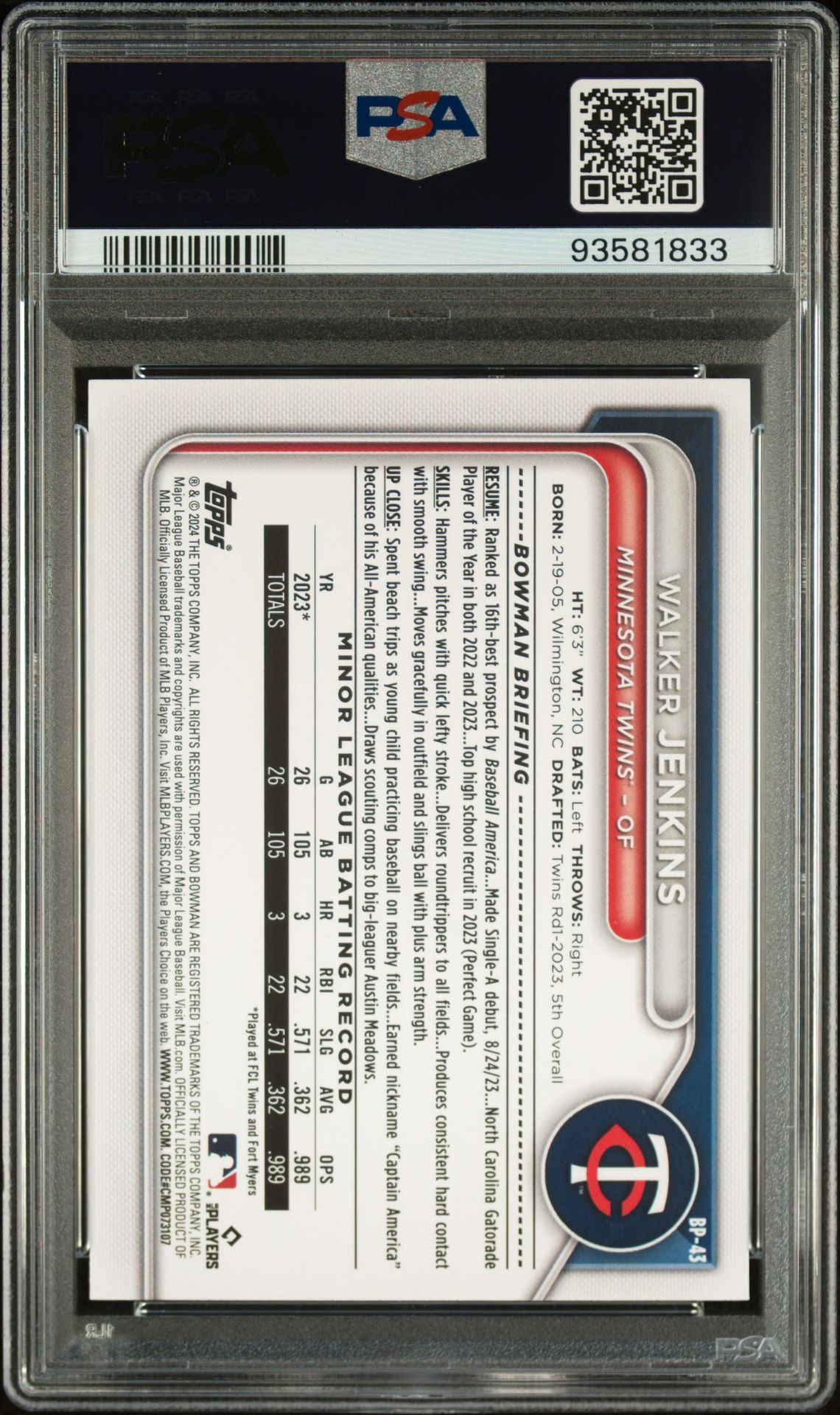 2024 Bowman Paper Prospects Walker Jenkins #Bp43 (Paper Prospects-Pink) Gem Mt 10 back view - PSA certificate #93581833