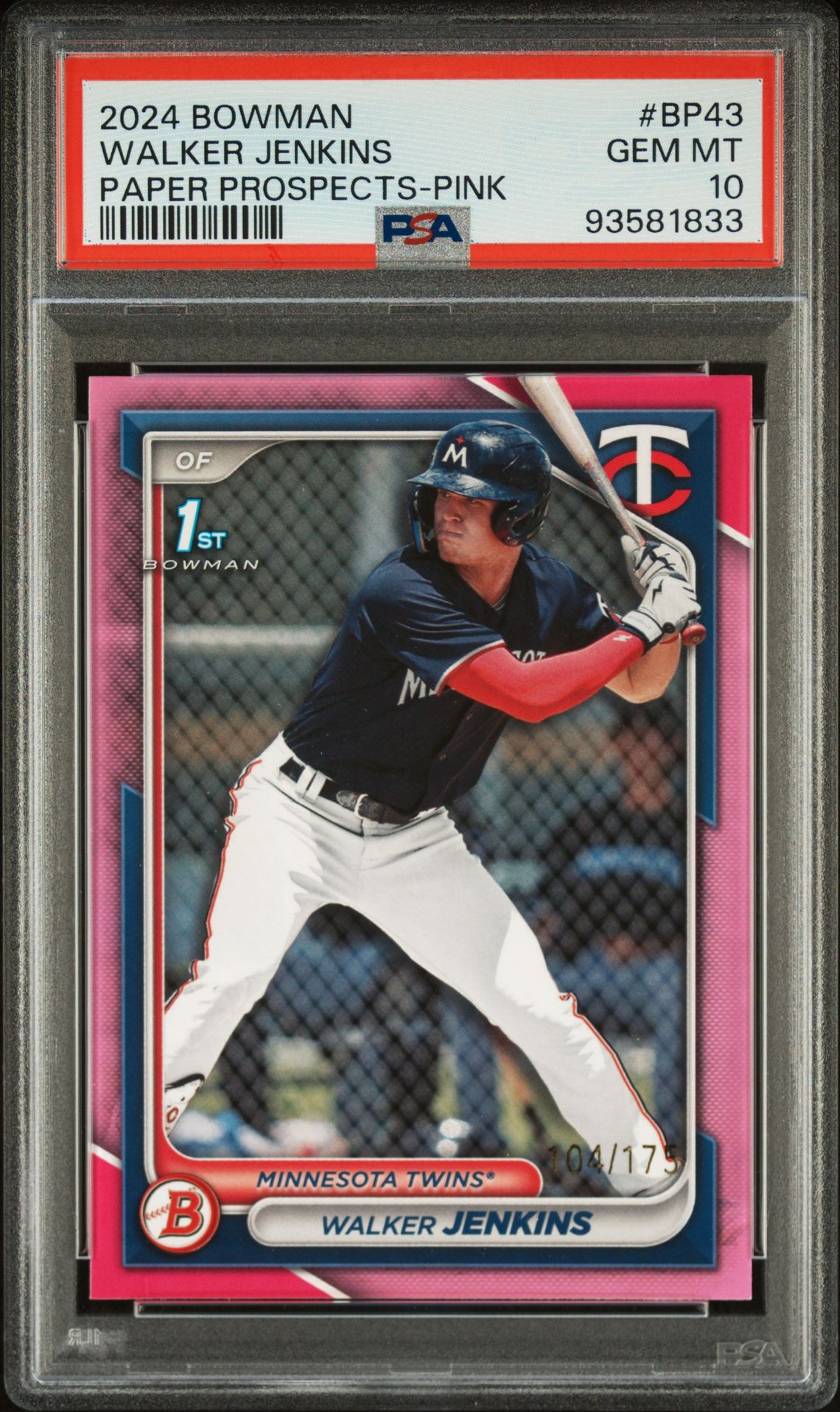 2024 Bowman Paper Prospects Walker Jenkins #Bp43 (Paper Prospects-Pink) Gem Mt 10 front view - PSA graded GEM MT 10