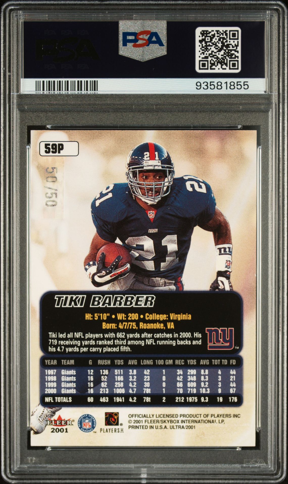 2001 Ultra Tiki Barber #59P (Platinum Medallion) Nm 7 back