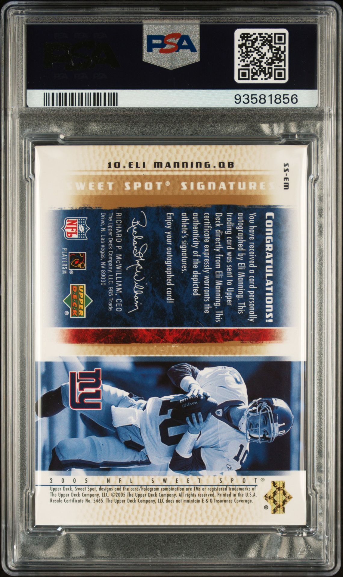 2005 Upper Deck Sweet Spot Signatures Eli Manning #Ss-Em (Signatures-Gold) Nm 7 back