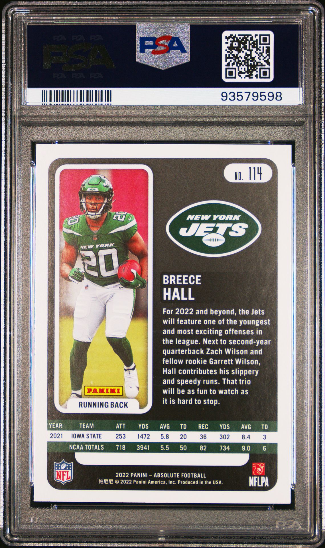 2022 Panini Absolute Breece Hall #114 (R/W/B Kaleidescope) Mint 9 back