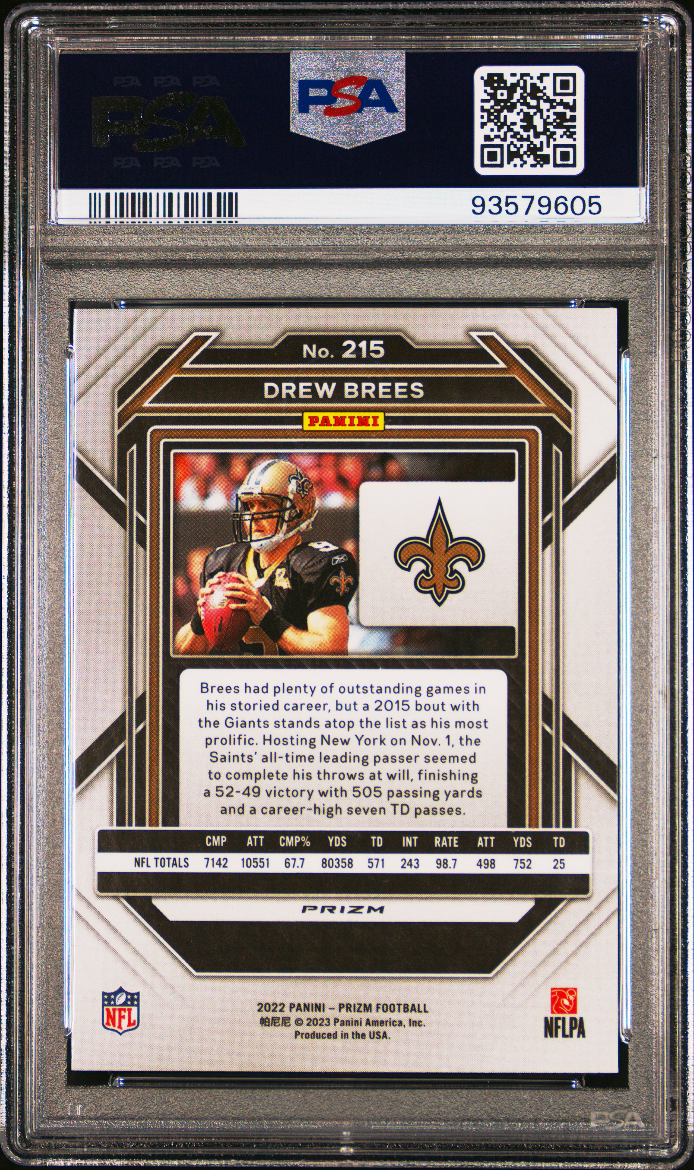 2022 Panini Prizm Drew Brees #215 (Black & Red Checker) Mint 9 back