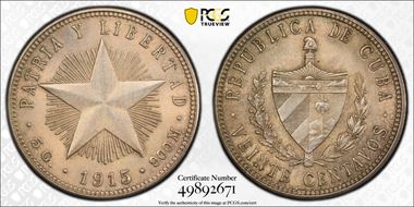 1915 20C High Relief, Fine Reeding KM-13.1 MS63