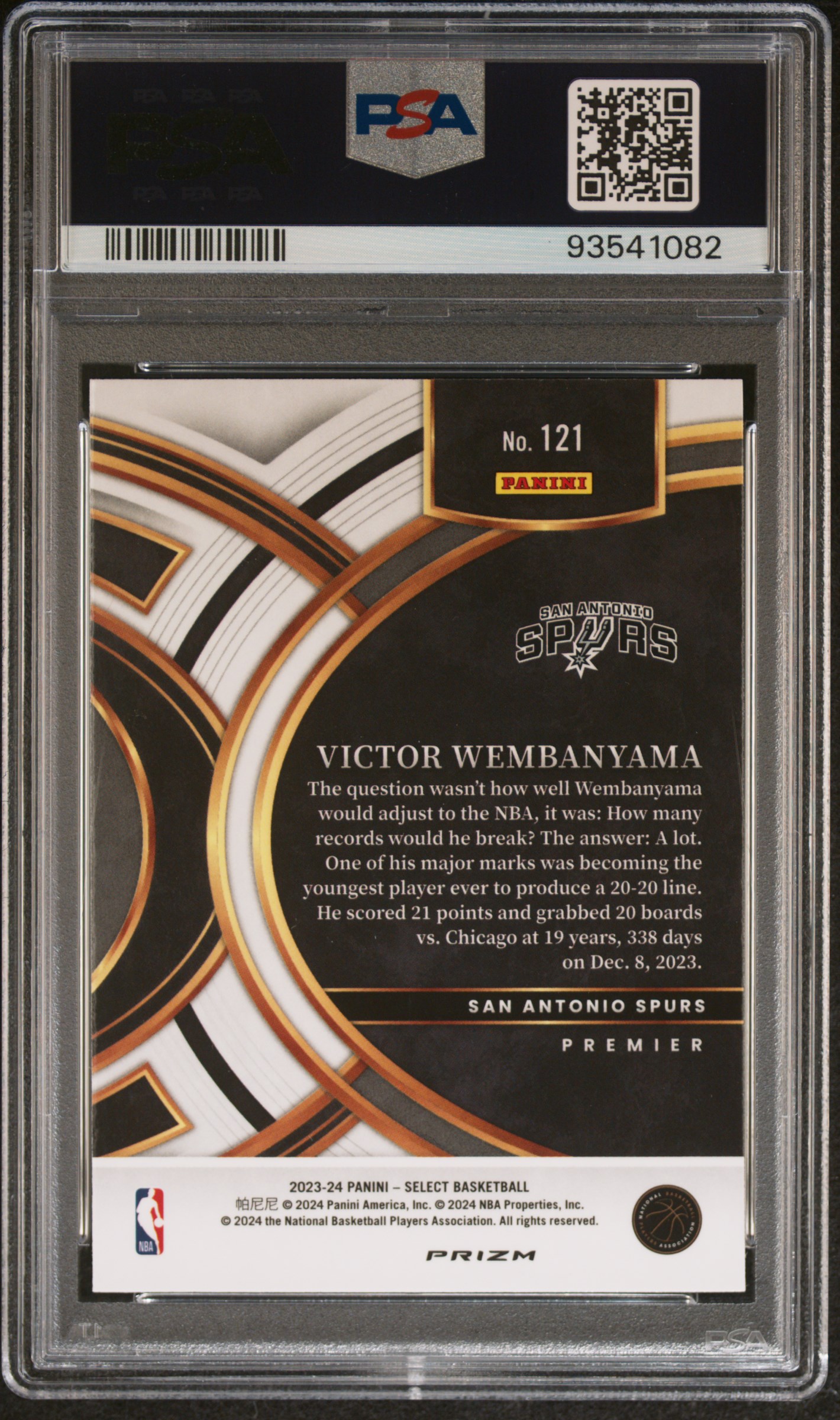 2023 Panini Select Victor Wembanyama #121 (Green/White/Purple Prizm) Gem Mt 10 back