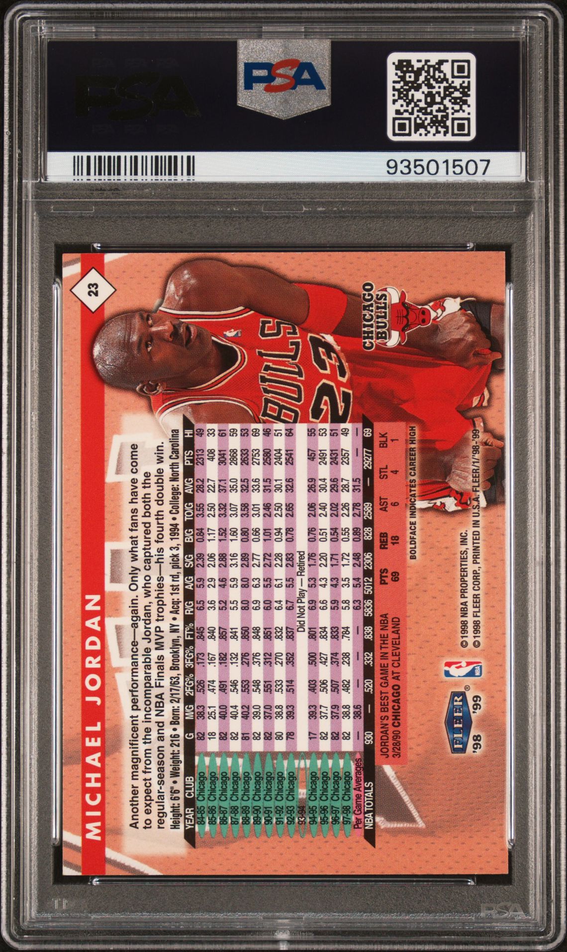 1998 Fleer Tradition Michael Jordan #23 Gem Mt 10 back