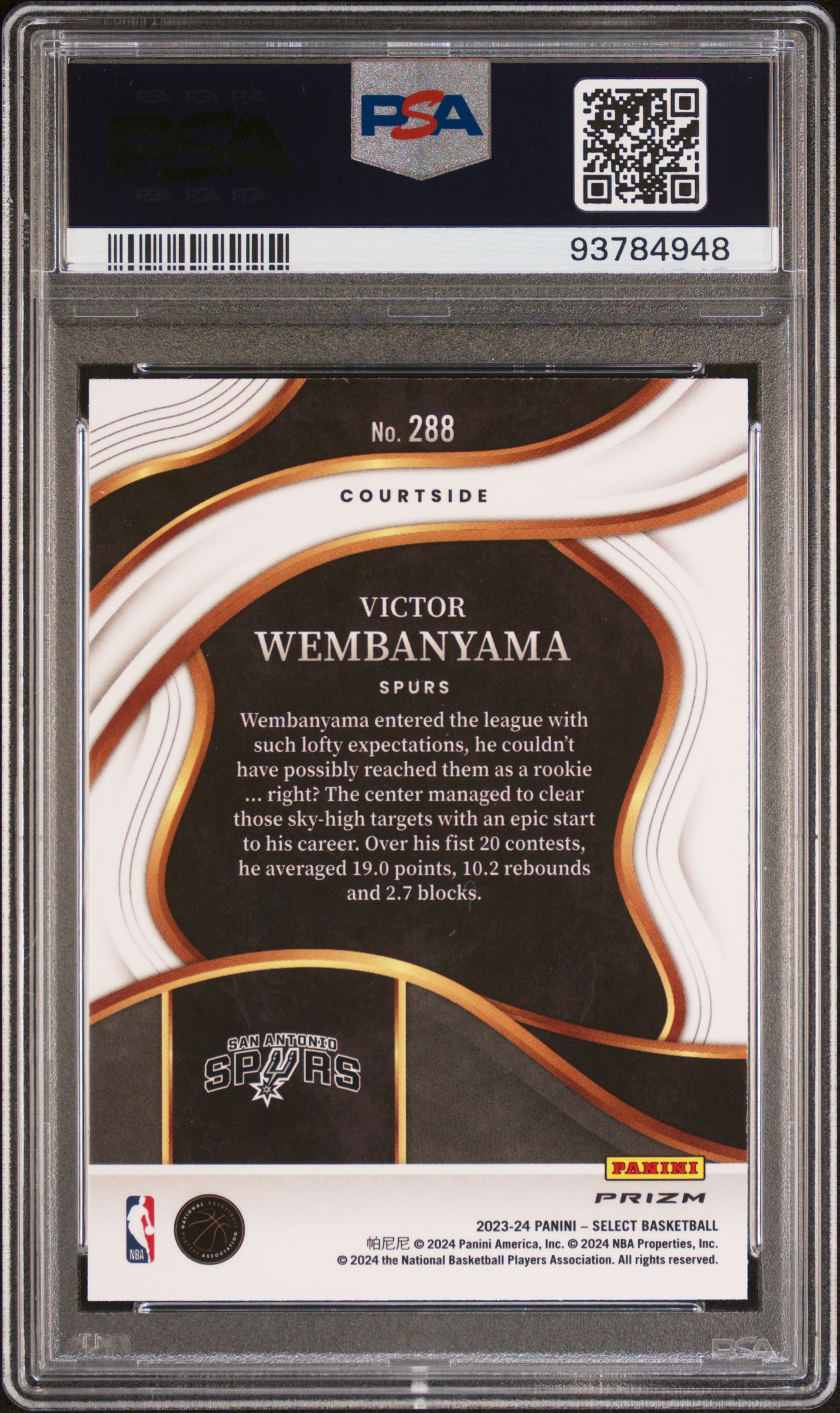 2023 Panini Select Victor Wembanyama #288 (Green/White/Purple Prizm) Gem Mt 10 back
