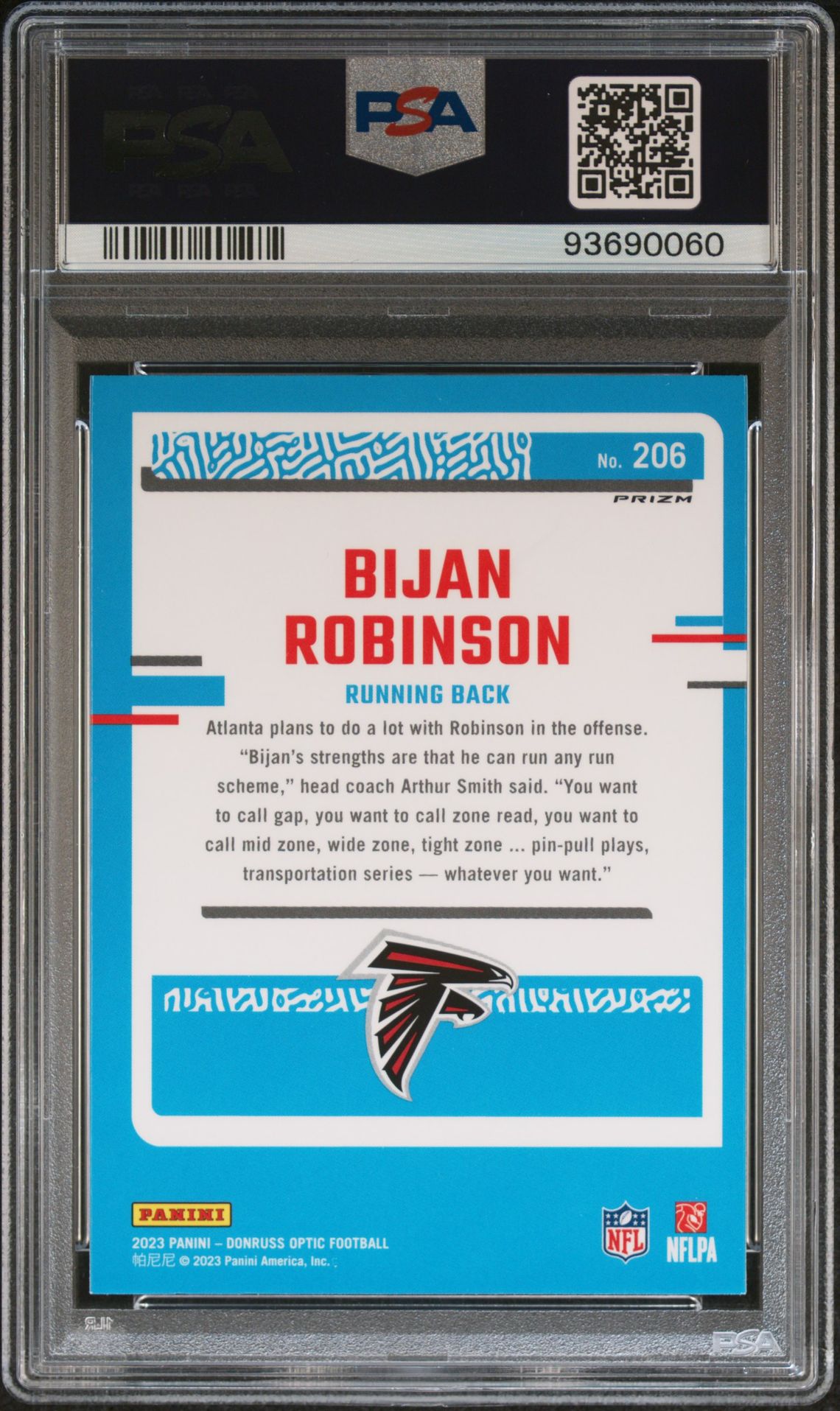 2023 Panini Donruss Optic Bijan Robinson #206 (Purple Shock) Gem Mt 10 back