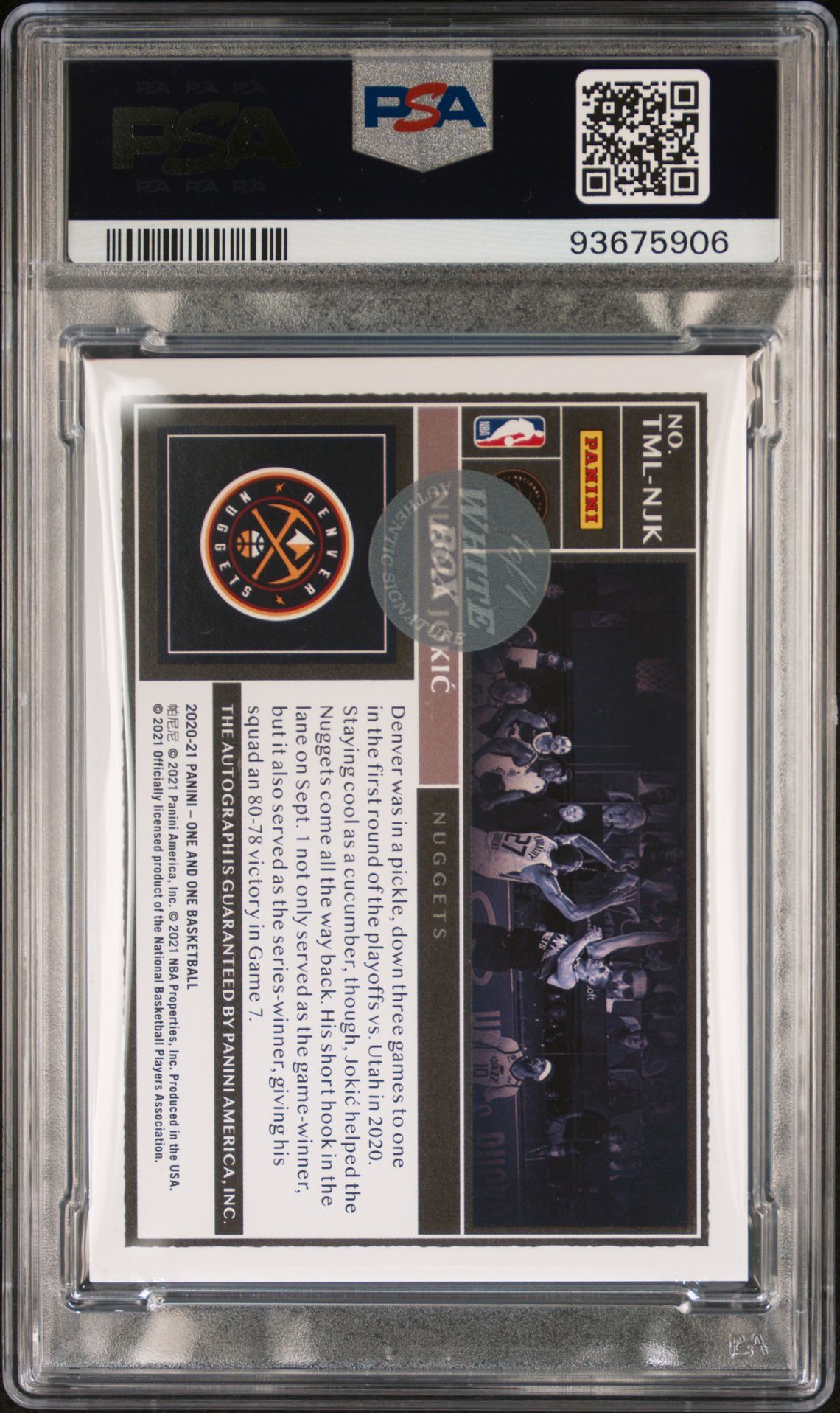 2020 Panini One And One Timeless Moments Autographs Nikola Jokic #Njk (T/M Au-Red-White Box 1/1) N0: Authentic back